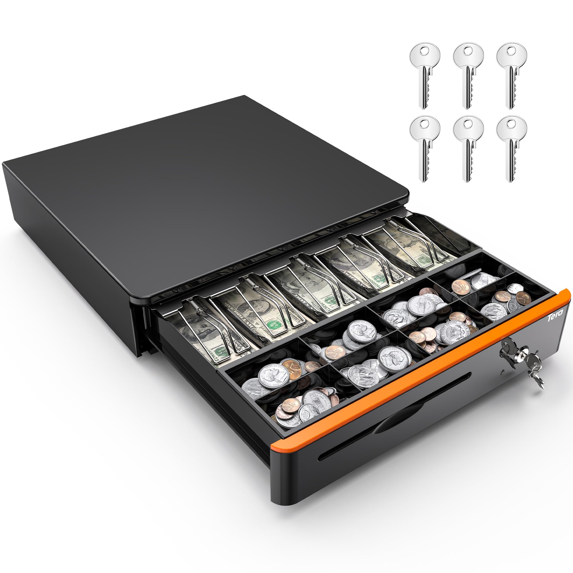 Tera 16 inch Auto Open Cash Drawer with Heavy Duty Insert Tray 5 Bill 8 Coin for POS System Removable Cash Tray Media Slot 24V RJ12 Key-Lock (Round Corner) for Small Business Retail 405R