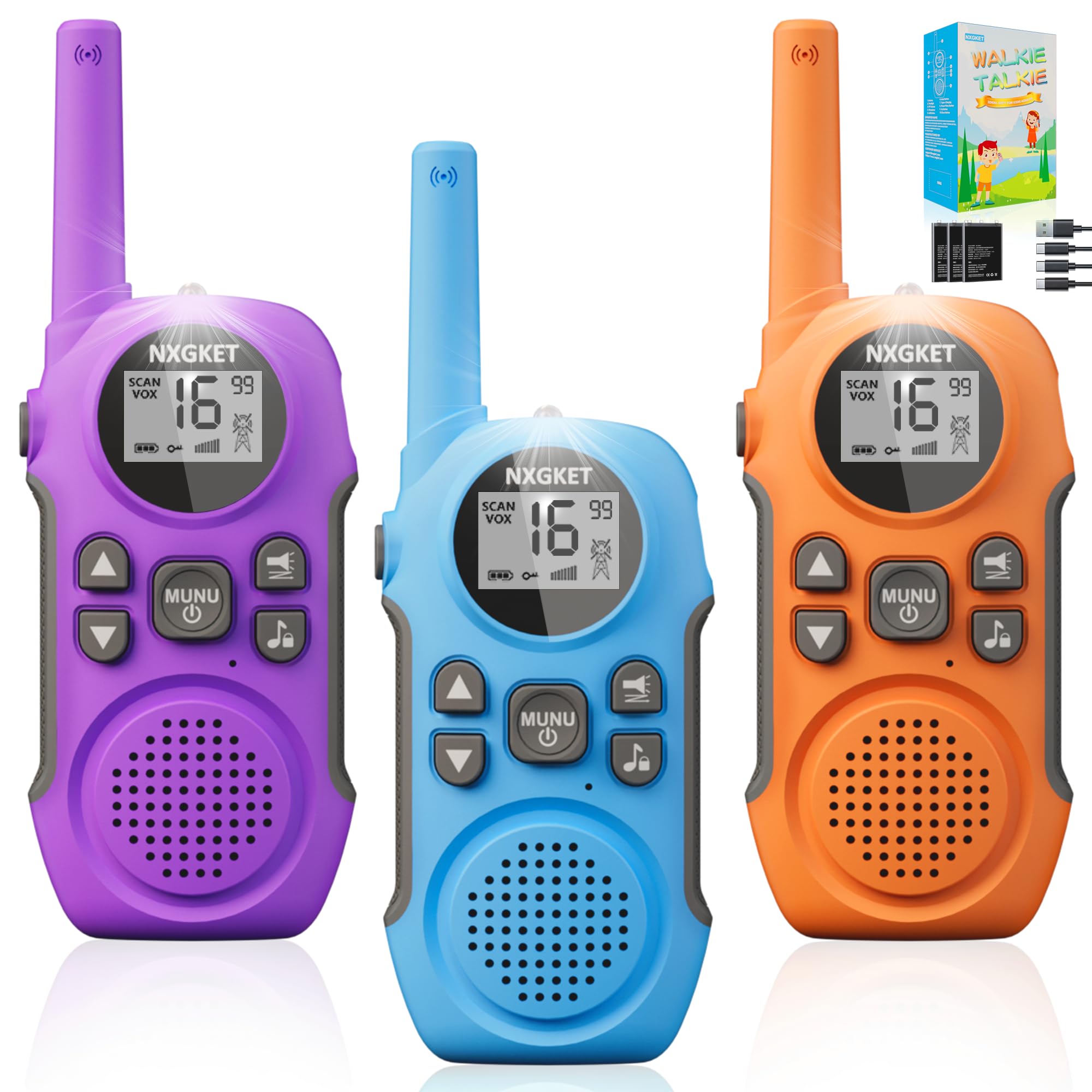 NXGKET Walkie Talkies for Kids Adults Long Range, 3 Pack Rechargeable Walky Talkie with Built-In Li-Ion Battery,16 Channels Radio with USB Type-C Cable,VOX for Boys Girls Outdoor Camping Hiking