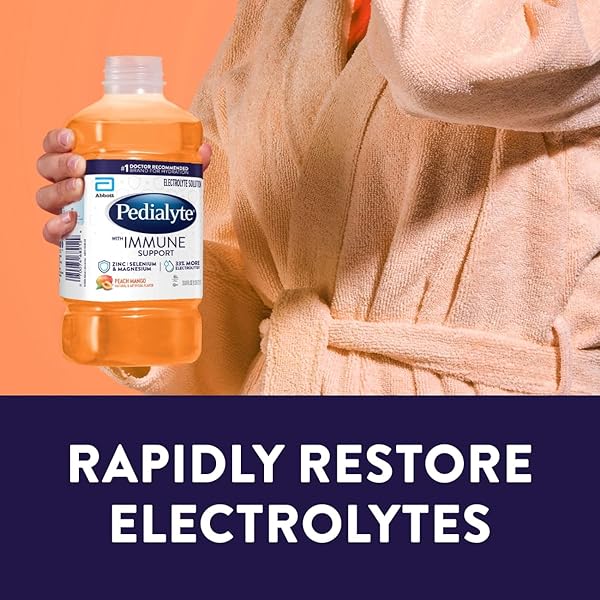 PEDIALYTE WITH IMMUNE SUPPORT ELECTROLYTE SOLUTION, HYDRATION DRINK WITH ZINC, SELENIUM, AND MAGNESIUM, PEACH MANGO, 1 LITER, PACK OF 4