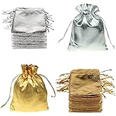 FineInno 100 Packs Gold and Silver Drawstring Organza Pouches Jewelry Gift Bags Candy Party Wedding Favor Present Christmas Halloween Bags,7x9 cm