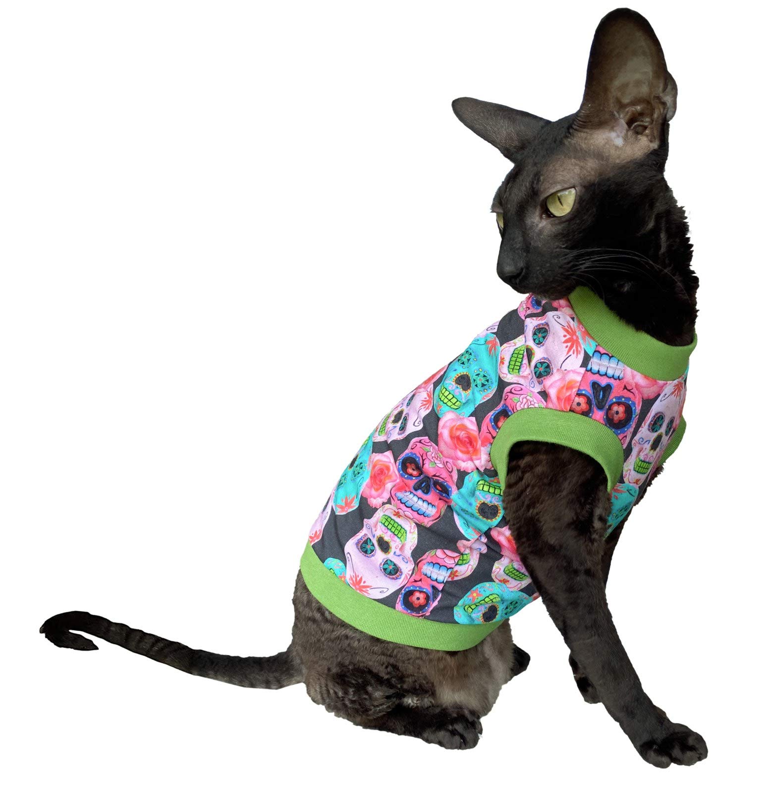 Kotomoda Hairless Cat's cotton stretch T-shirt Mexican sculls for Sphynx Cats (XL)