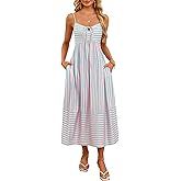 Fashionme Womens Summer Maxi Dresses 2026 Trendy Striped Vacation Boho Beach Spaghetti Strap Sundress Back Tie with Pockets