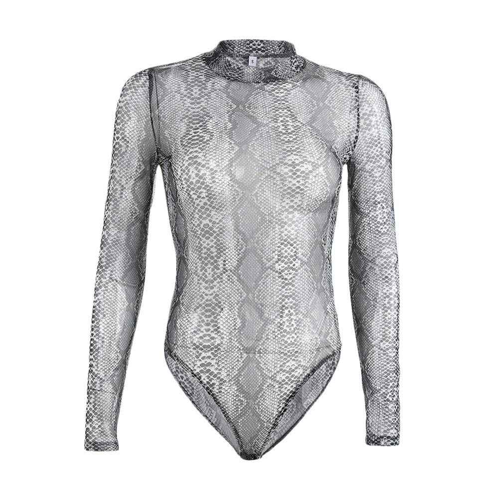 lisenraIn Women Bodysuits Long Sleeve Tops Snakeskin Print Sheer Mesh See Through Leotard Jumpsuit