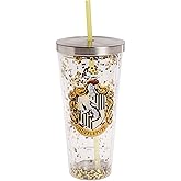 Spoontiques - Harry Potter Tumbler - Hufflepuff Glitter Cup with Straw - 20 oz - Acrylic - Yellow