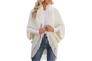 DNURI Women's Fuzzy Trim Cardigans Fashion Open Front Tassel Cape Sweaters Casual Knit Loose Solid Comfy Shawl Coats