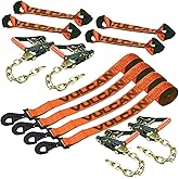 VULCAN 8-Point Roll Back Vehicle Tie Down Kit with Snap Hook on Strap Ends and Chain Tail on Ratchet Ends - Set of 4 - PROSeries Optic Orange