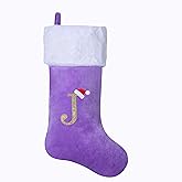 AUAWMLK 20-Inch Christmas Stocking with Embroidered Letter, Thick and Luxurious Purple Velvet with Super Soft Plush Cuff Personalized Festival Decoration for Xmas and New Year Party (Letter J)