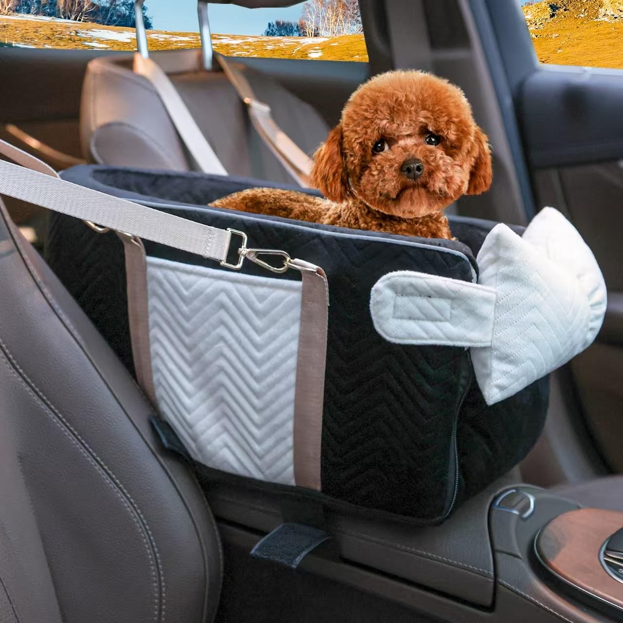Photo 1 of Homsunyi Dog Car Seat for Small Dogs, Portable Center Console Dog Car Seat, Pet Booster Seats with Safety Belt and Soft Cushion, Pet CarSeat for Dogs and Cats Under 15 lbs,Black