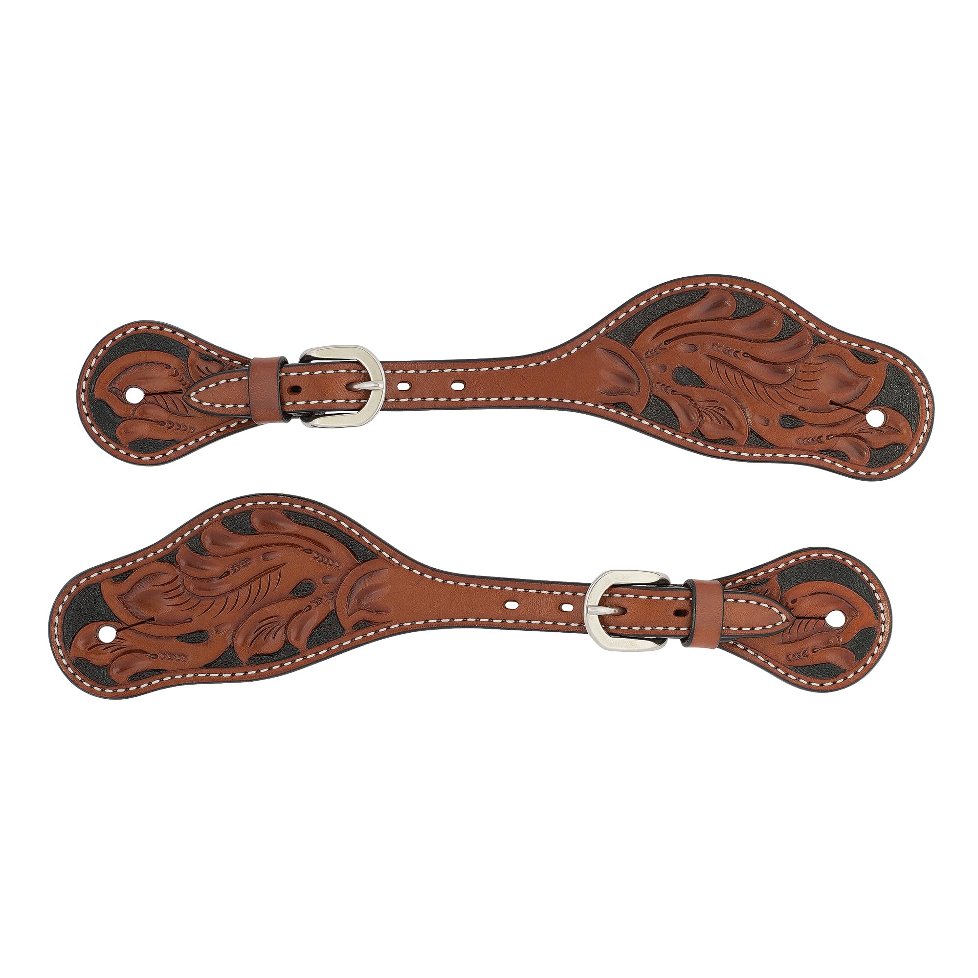Turquoise Cross Floral Carved Men's Spur Straps Chestnut
