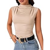 Umenlele Women's Dressy Mock Neck Sleveless Ruched Pleated Slim Fit Tank Tops