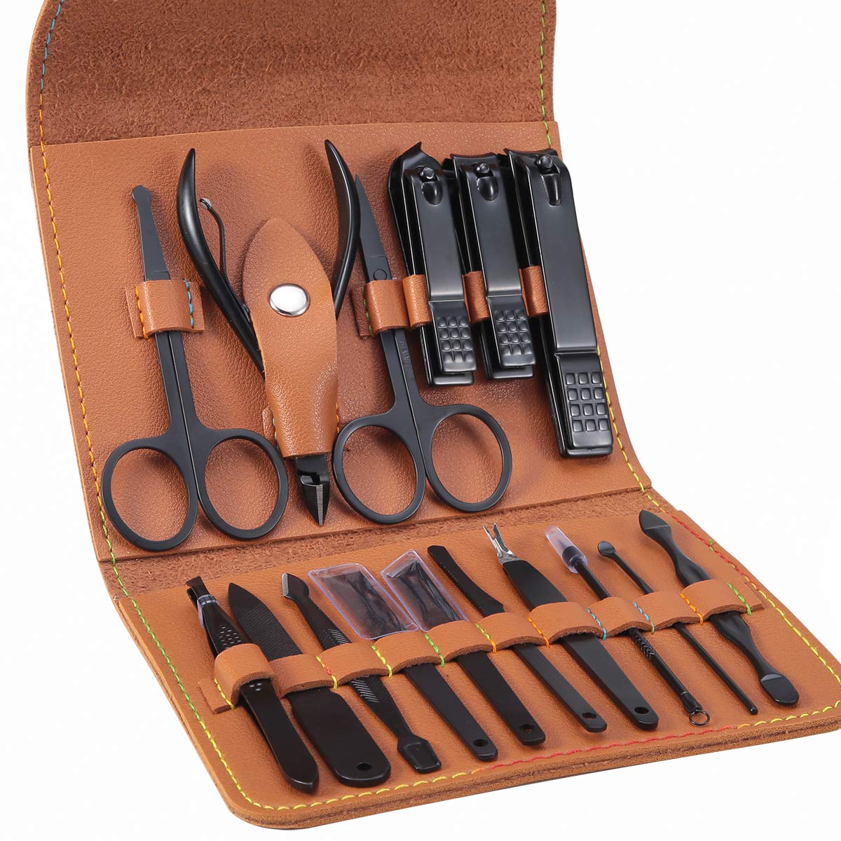 Leipple Manicure Set Professional Pedicure Kit Nail Care Tools - 16 in 1 Stainless Steel Nail Clippers Tools - Grooming Kit with Luxurious Leather Travel Case (Black) : Beauty