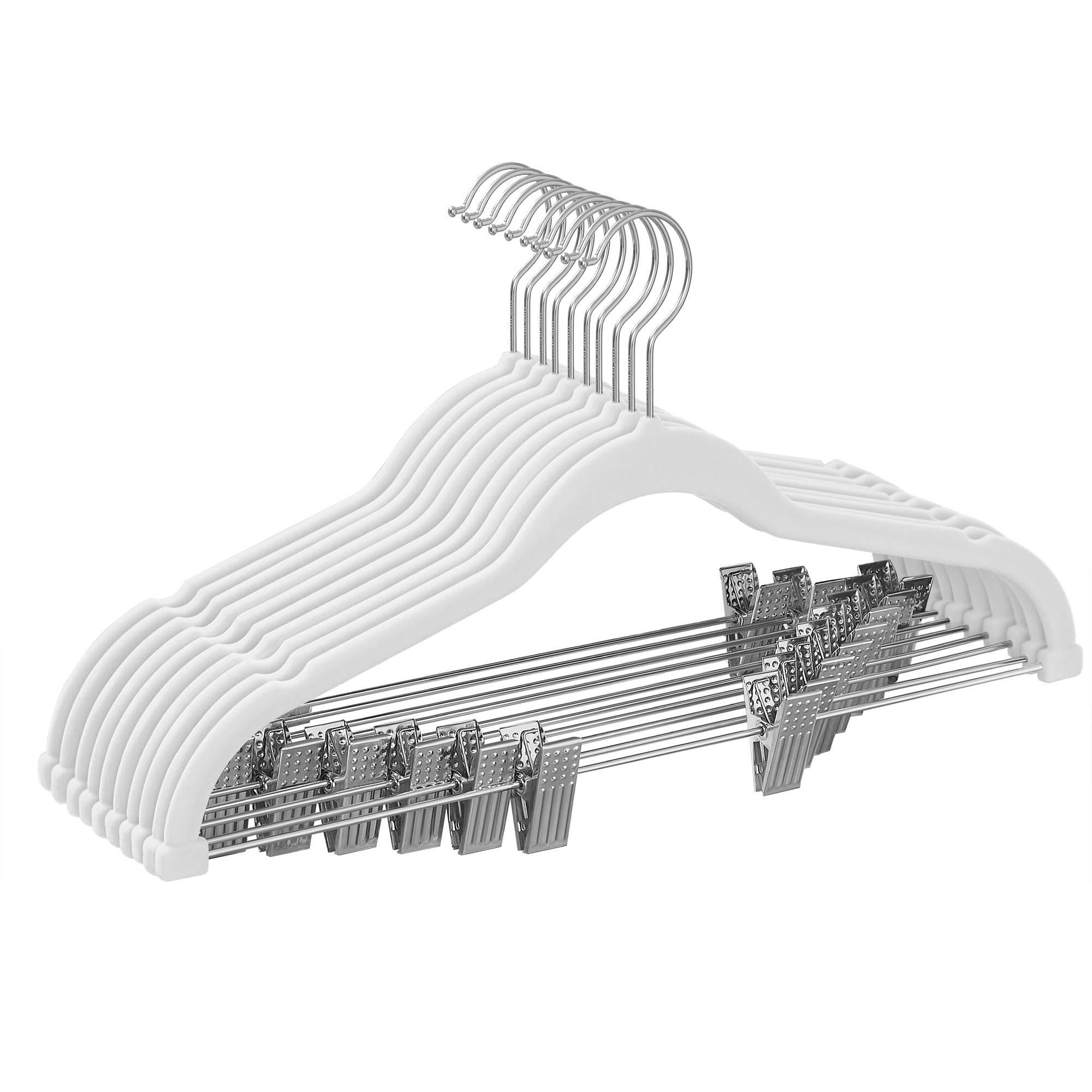 SONGMICS Trouser Hangers, Set of 10 Velvet Hangers with Adjustable Clips, 42.5 cm Long, Non-Slip, Space-Saving, for Skirts, Coats, Dresses, White CRF012W10