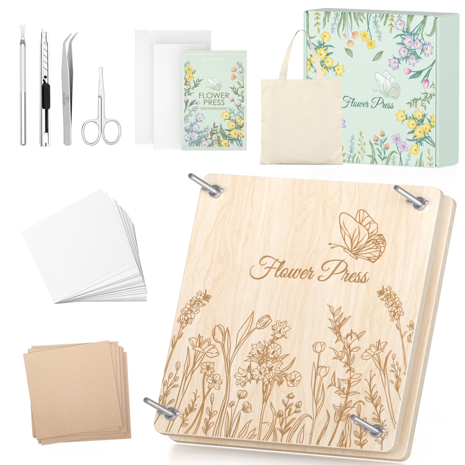 Photo 1 of Wakhow Flower Press Kit – 11" x 11" Large Wooden Flower Presser for Adults & Teens | DIY Bouquet Preservation & Dried Flower Art | Ideal Gift for Nature & Craft Lovers
