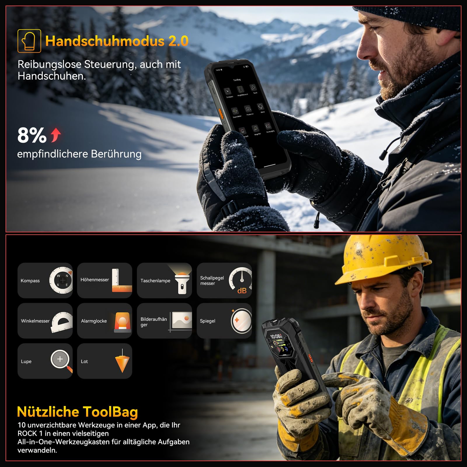 Blackview Rock 1 Android 16 Outdoor Handy für Baustelle &Camping, 15000mAh Dual-Screen Smartphone Ohne Vertrag, 20MP Nachtsicht,IP69K Wasserdicht, 24GB+256GB,Gemini AI/NFC/3 Jahre Garantie 8