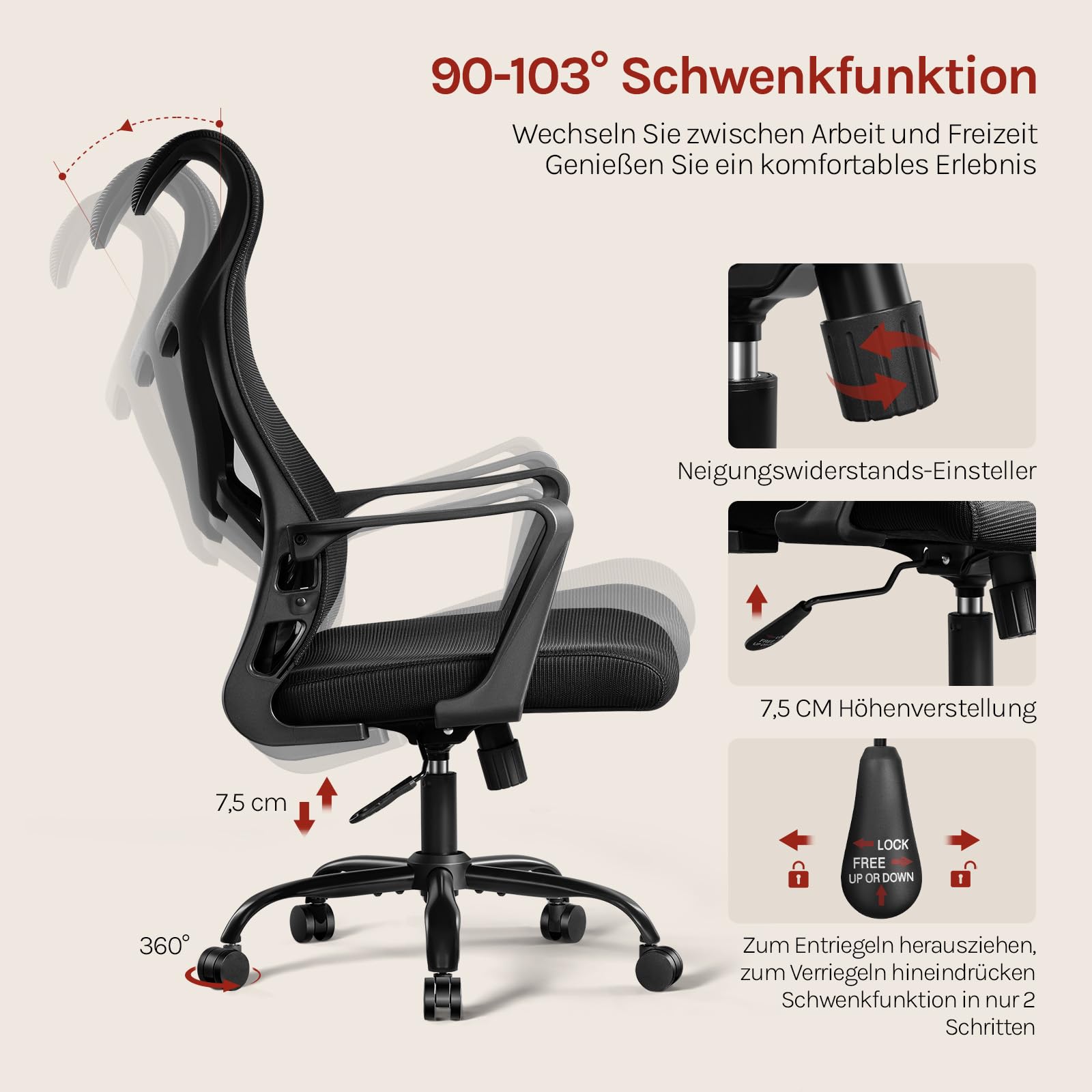 Klihome Bürosessel Ergonomisch, Bürostuhl Schaukelfunktion 360° Drehbar, Schreibtischstuhl mit Armlehnen, Arbeitsstuhl aus atmungsaktivem Netzstoff, Schwarz 5