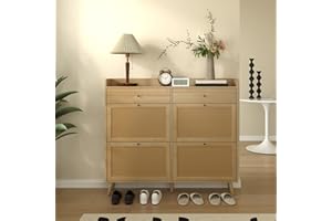 Rattan Shoe Cabinet with 4 Flip Drawers and 2 Drawers, Large Narrow Shoe Organizer, Wooden Entryway Table with Shoe Storage, 