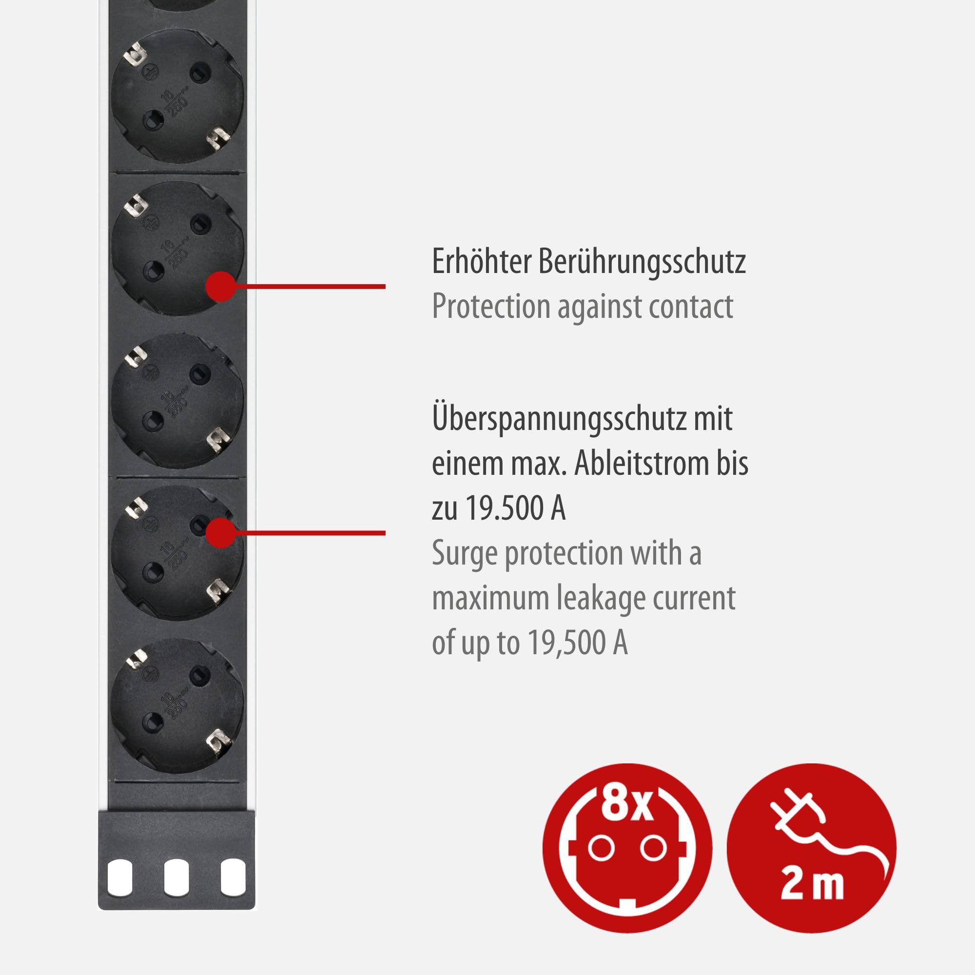 Brennenstuhl Alu-Line Steckdosenleiste 8-Fach mit Überspannungsschutz (Steckerleiste in 19 Zoll Format und mit 2m Kabel) 3