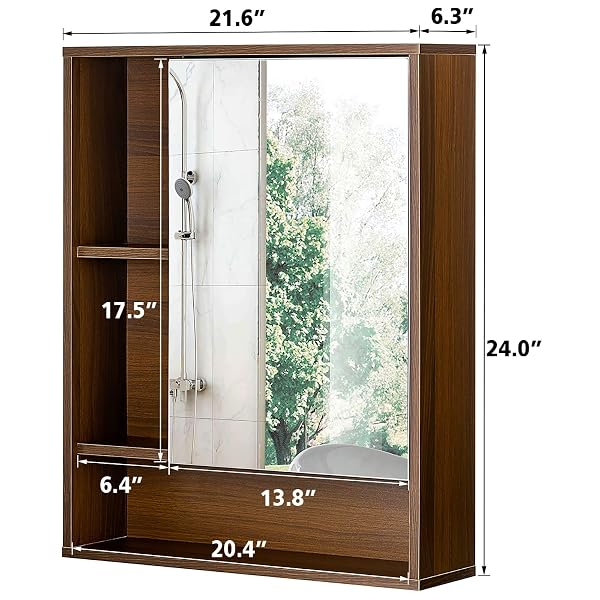 CHOOCHOO BATHROOM WALL MIRROR CABINET, MEDICINE CABINET WITH SINGLE DOOR AND ADJUSTABLE SHELF, OVER THE TOILET SPACE SAVER STORAGE CABINET, WALNUT