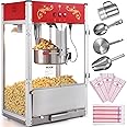 VEVOR Popcorn Maker, 1615W Popcorn Popper Machine, 16 Oz Kettle Large Capacity Countertop Popcorn Maker with Tempered Glass, Includes 3 Stainless Steel Scoops, Movie Theater Style, Red