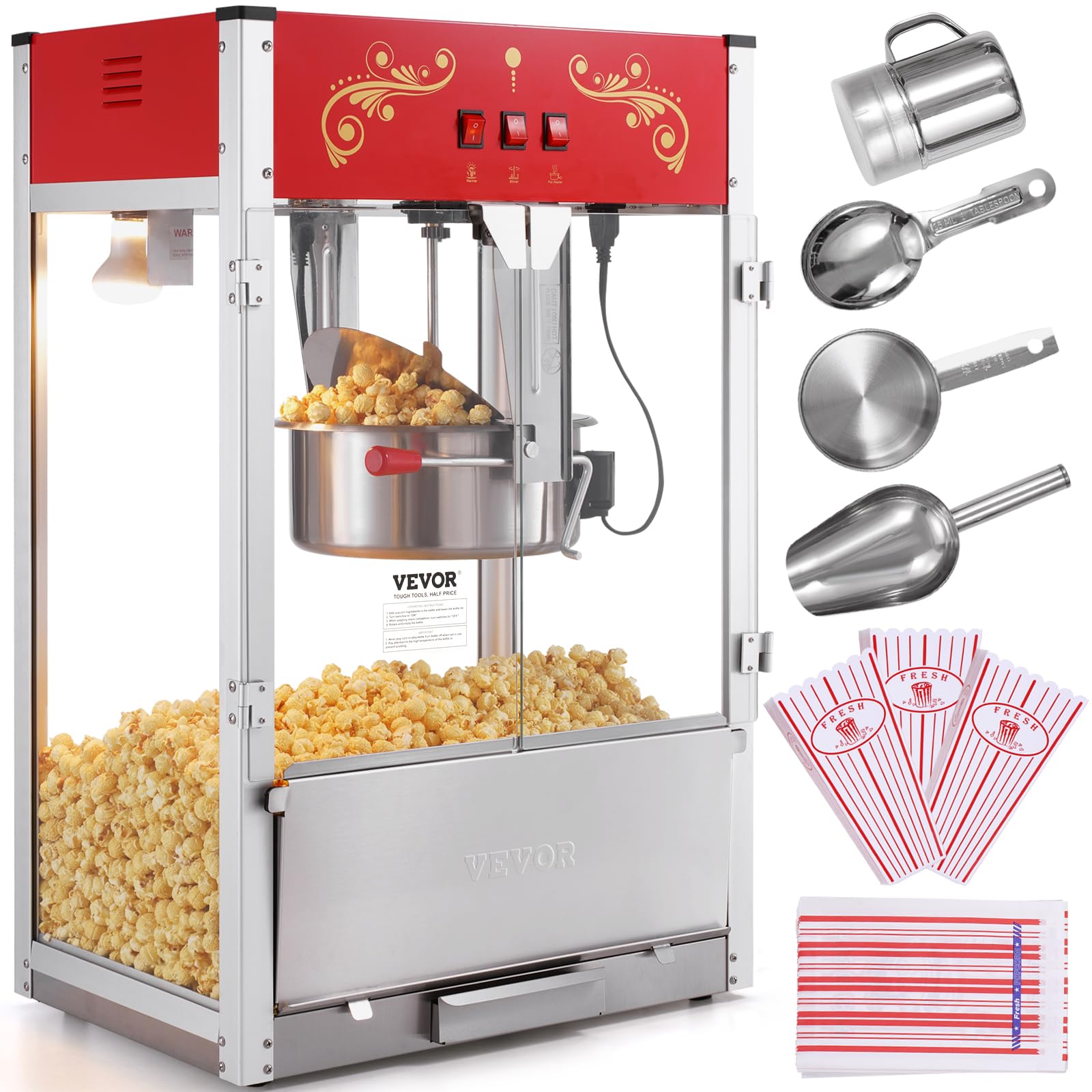 Photo 1 of VEVOR Popcorn Maker, 1615W Popcorn Popper Machine, 16 Oz Kettle Large Capacity Countertop Popcorn Maker with Tempered Glass, Includes 3 Stainless Steel Scoops, Movie Theater Style, Red