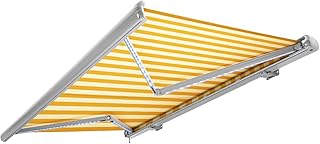 Nemaxx Kassettenmarkise elektrisch Vollkassettenmarkise mit LED, Markise gelb-weiß, Kassette weiß, Funk Fernbedienung, wasserdicht 300x250 cm (3x2,5m)