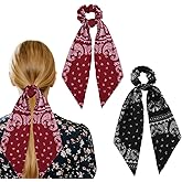 Hair Scrunchies Bows for Women Girls Bunny Ears Scrunchies Hair Ties Black and Red Ponytail Band Long Ribbon Elastic Ponytail Holders Head Bands Knotted Bow Hair Ties for Women Girls 2 Pcs