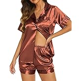 Ekouaer Silk Pajamas for Women Short Sleeve Sleepwear Soft Button Down Loungewear 2 Piece Satin Pjs Shorts Set