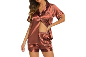 Ekouaer Silk Pajamas for Women Short Sleeve Sleepwear Soft Button Down Loungewear 2 Piece Satin Pjs Shorts Set