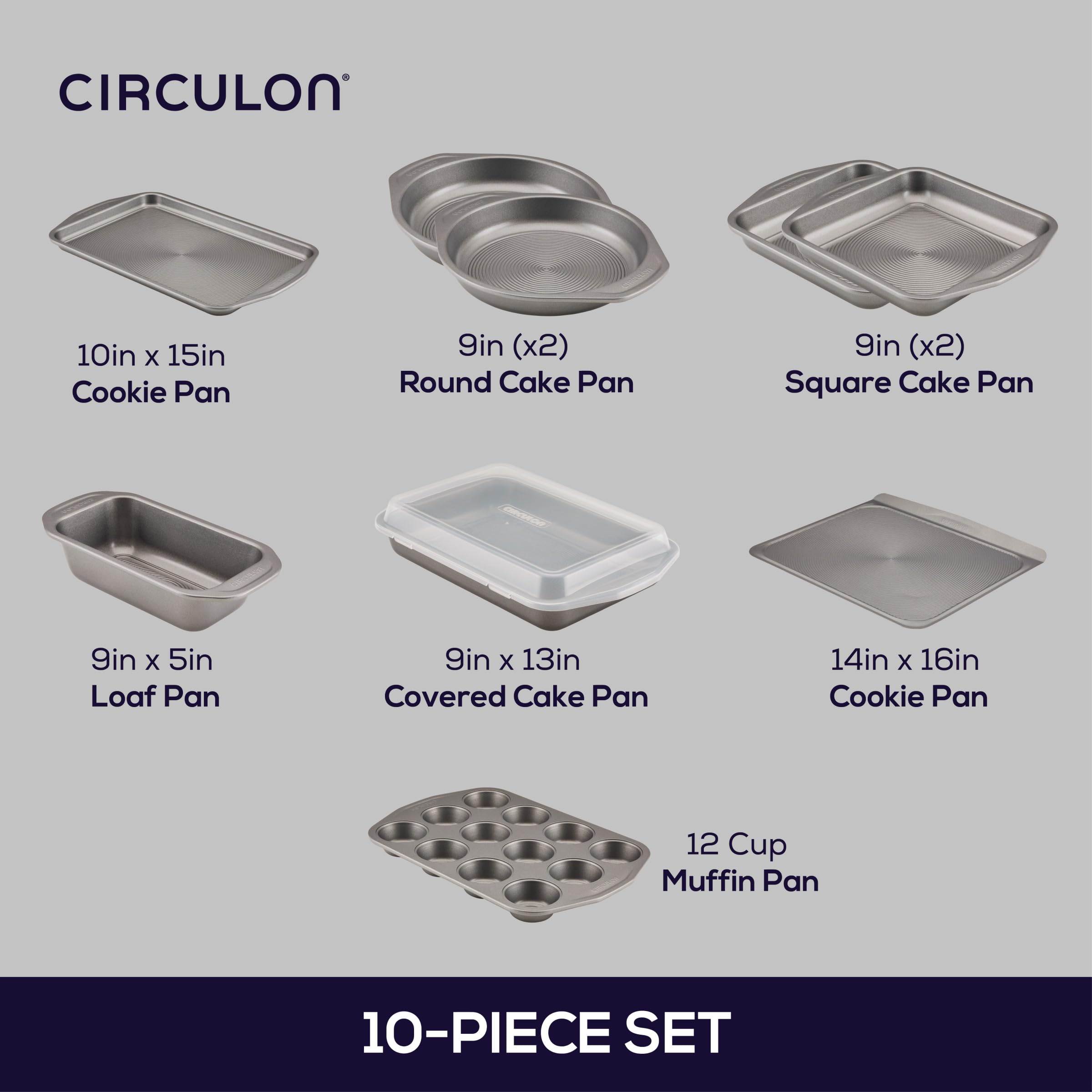 Circulon Total Nonstick Bakeware Set with Nonstick Bread Pan, Cookie Sheet, Baking Pan, Baking Sheet, Cake Pan and Muffin/Cupcake Pan - 10 Piece, Gray