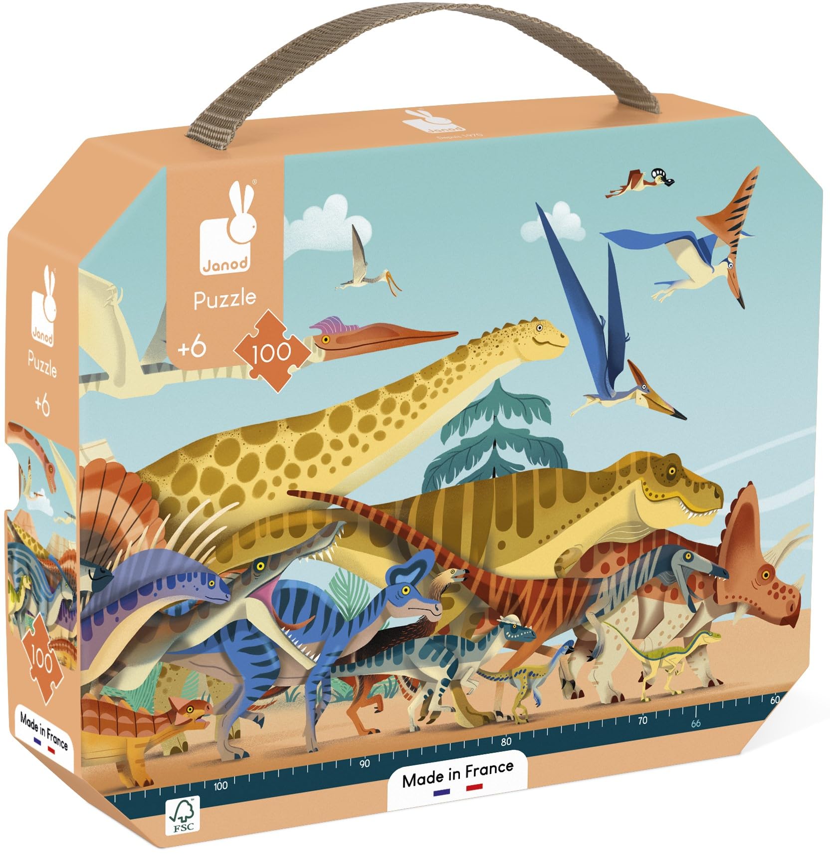 Janod - Children’s 100-Piece Panoramic Dinosaur Puzzle - 1-Metre Long - FSC-Certified Cardboard - Vegetable Ink - Made in France - 6 Years +, J05831