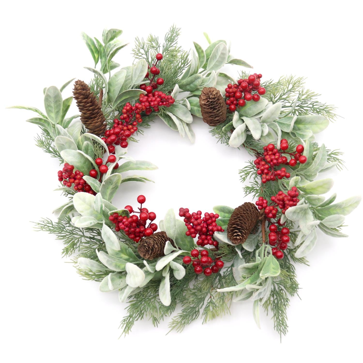 Photo 1 of 19 inch Artificial Christmas Wreath for Front Door Winter Holiday Wreath with Flocked Lambs Ear, Red Berry Clusters, Pine Needle Branches, Pinecones for Indoor Outdoor Home Wall Window Xmas Decor