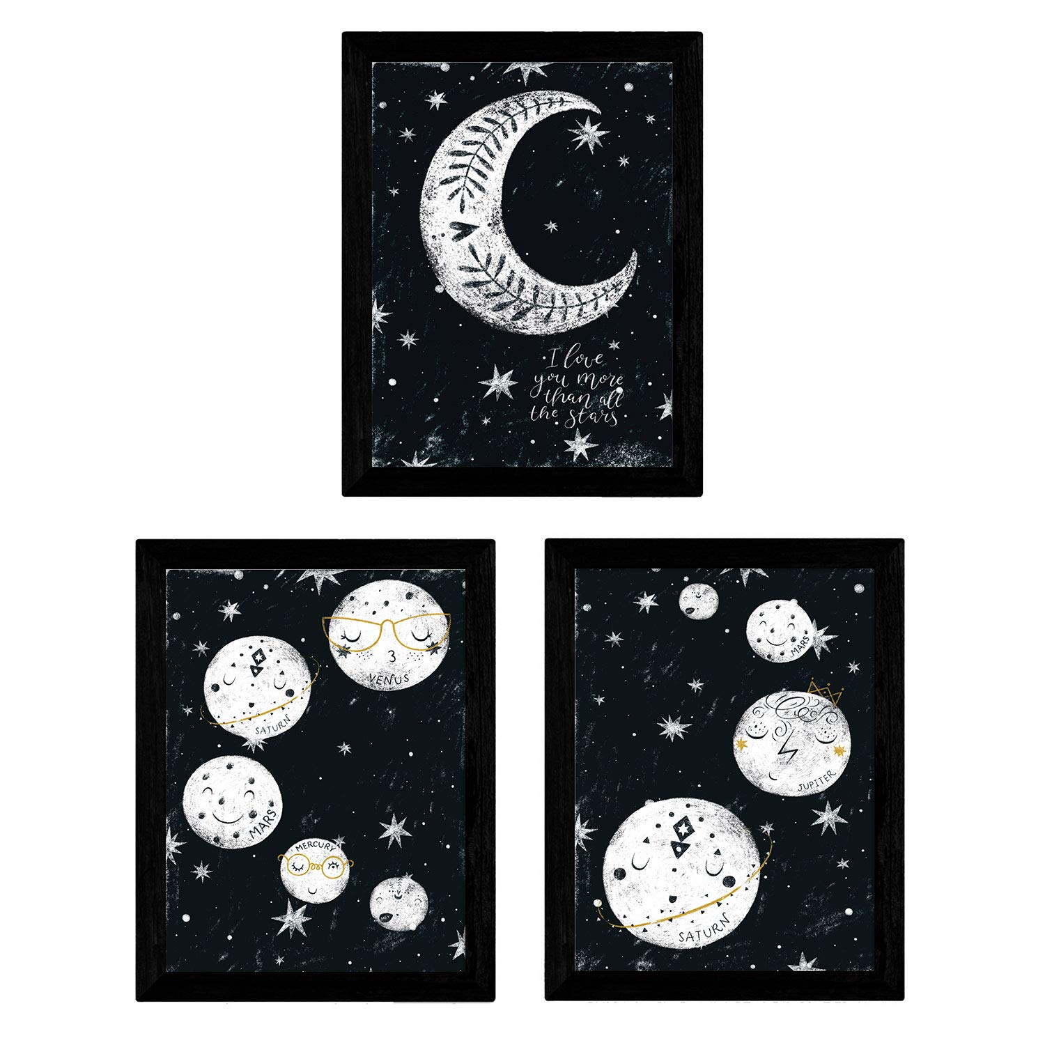 Nacnic Set of 3 prints of nine planets and moon in A3 size, Poster. Frameless