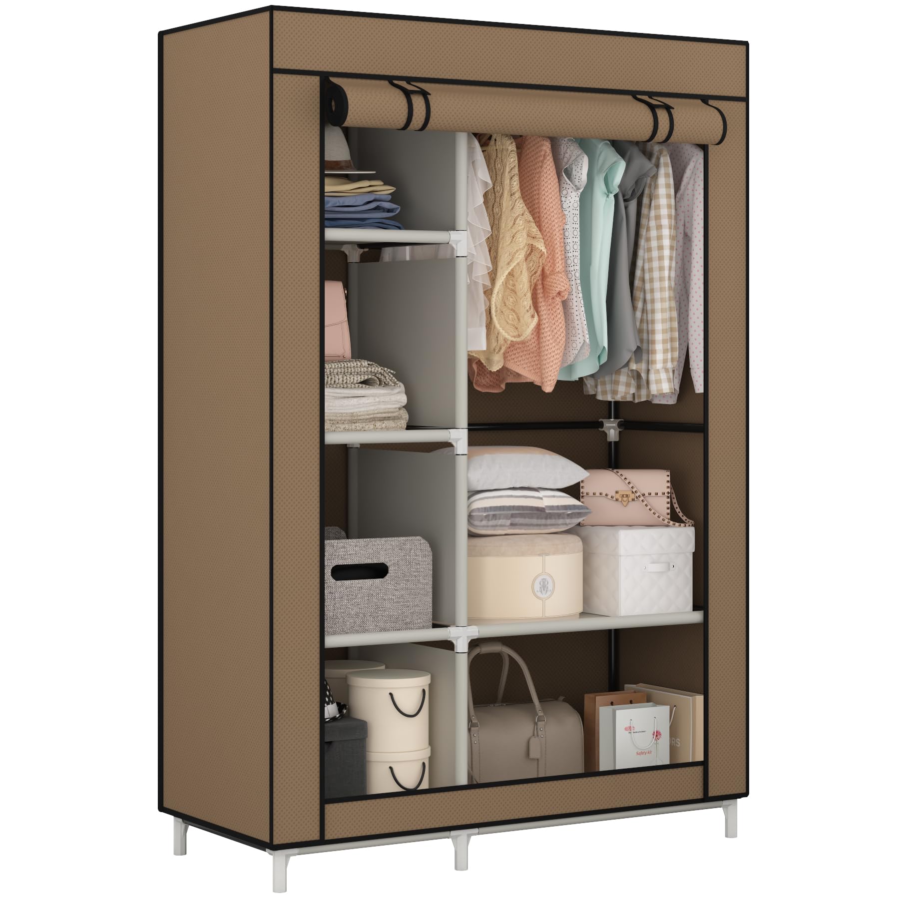 Photo 1 of Calmootey Portable Closet Organizers, Clothing Storage, Wardrobe with 6 Shelves and Hanging Rod, Non-Woven Fabric Cover with 4 Side Pockets, Brown