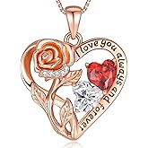 925 Sterling Silver Double Birthstone Rose Flower Heart Jewelry Necklaces for Women Anniversary Love Forever Necklaces for Her Birthday Gifts for Wife Girlfriend Mom Mothers Day Rose Gold