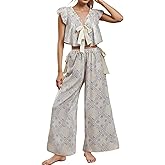 Aonoapll Women Floral 2 Piece Pajamas Tie Front V Neck Babydoll Crop Tank Top Wide Leg Pants Lounge Set Y2k Sleepwear