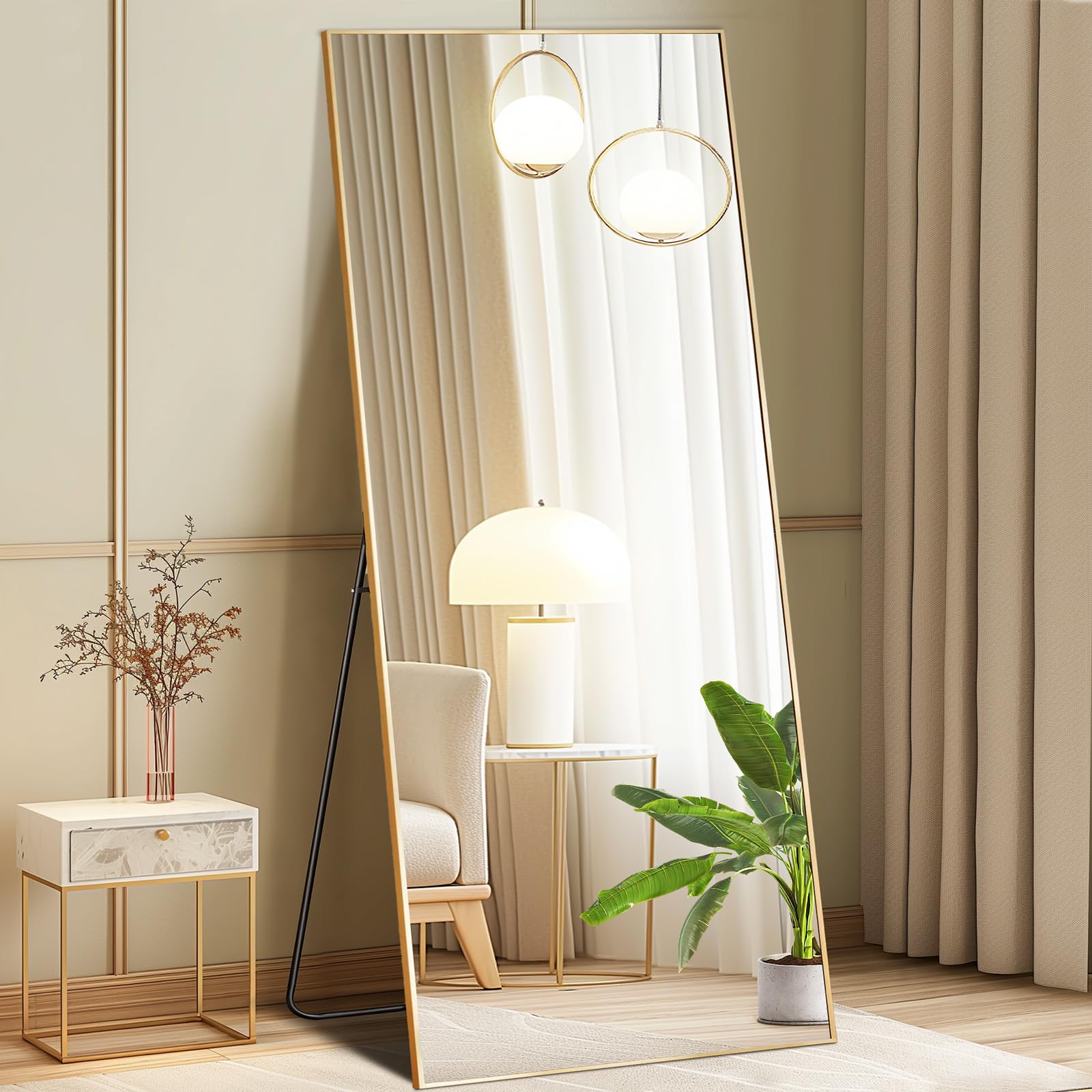 Photo 1 of DUMOS Full Length Mirror with Stand 64"x21" Floor Standing Aluminum Frame for Bedroom Body Hanging Leaning Modern Simple Home Decor Shatter-proorf Nano Glass Wall Living Room Cloakroom Gold