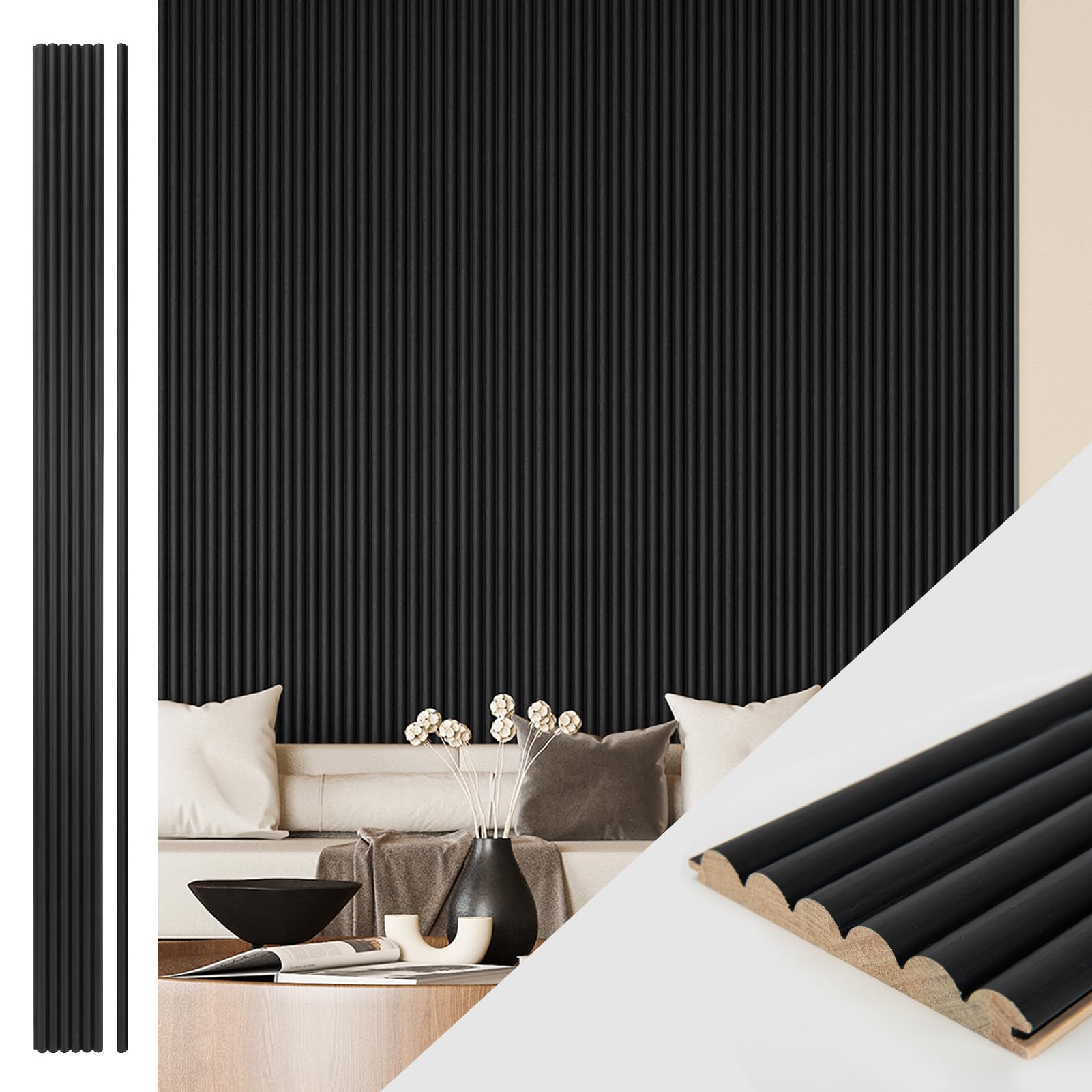 Photo 1 of **MINOR SCRAPE DAMAGE ON ONE**Art3d Fluted Wood Panel for Wall and Ceiling, Beaded Accent molding for Home Decoration, Pack of 4pcs + 1pc End-Trim, Size 108 x 5.7in.- Beaded Black