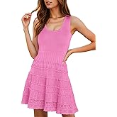 Wenrine Women's Summer Mini Dresses Sleeveless Knitted Crew Neck Casual Crochet Hem Slim Cute Tank Dress