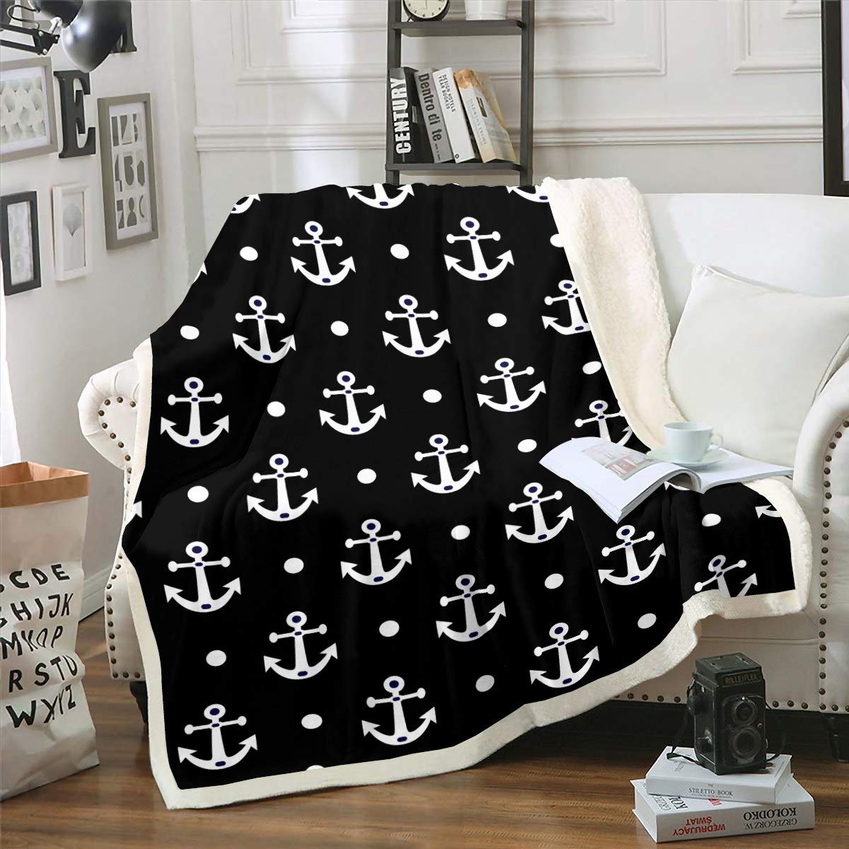 Loussiesd Anchor Decor Sherpa Blanket - Nautical Ocean Themed Fleece Throw for Sofa Couch Bed - Ultra Soft White Polka Dots - 30"x40"