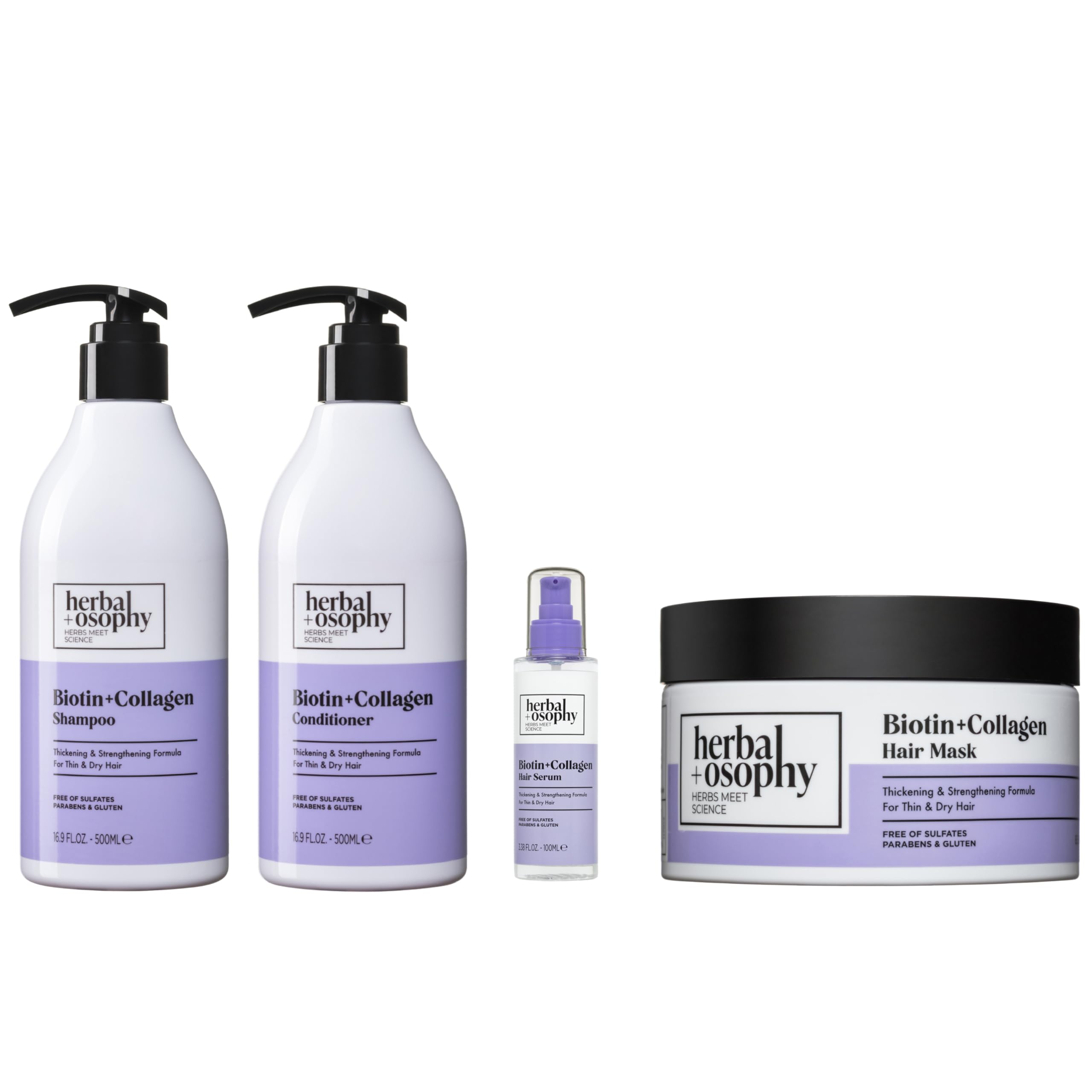 Herbalosophy Hair Growth Formula - Biotin & Collagen Shampoo and Conditioner Set with Serum and 8.5oz Hair Mask for Thin, Dry Hair