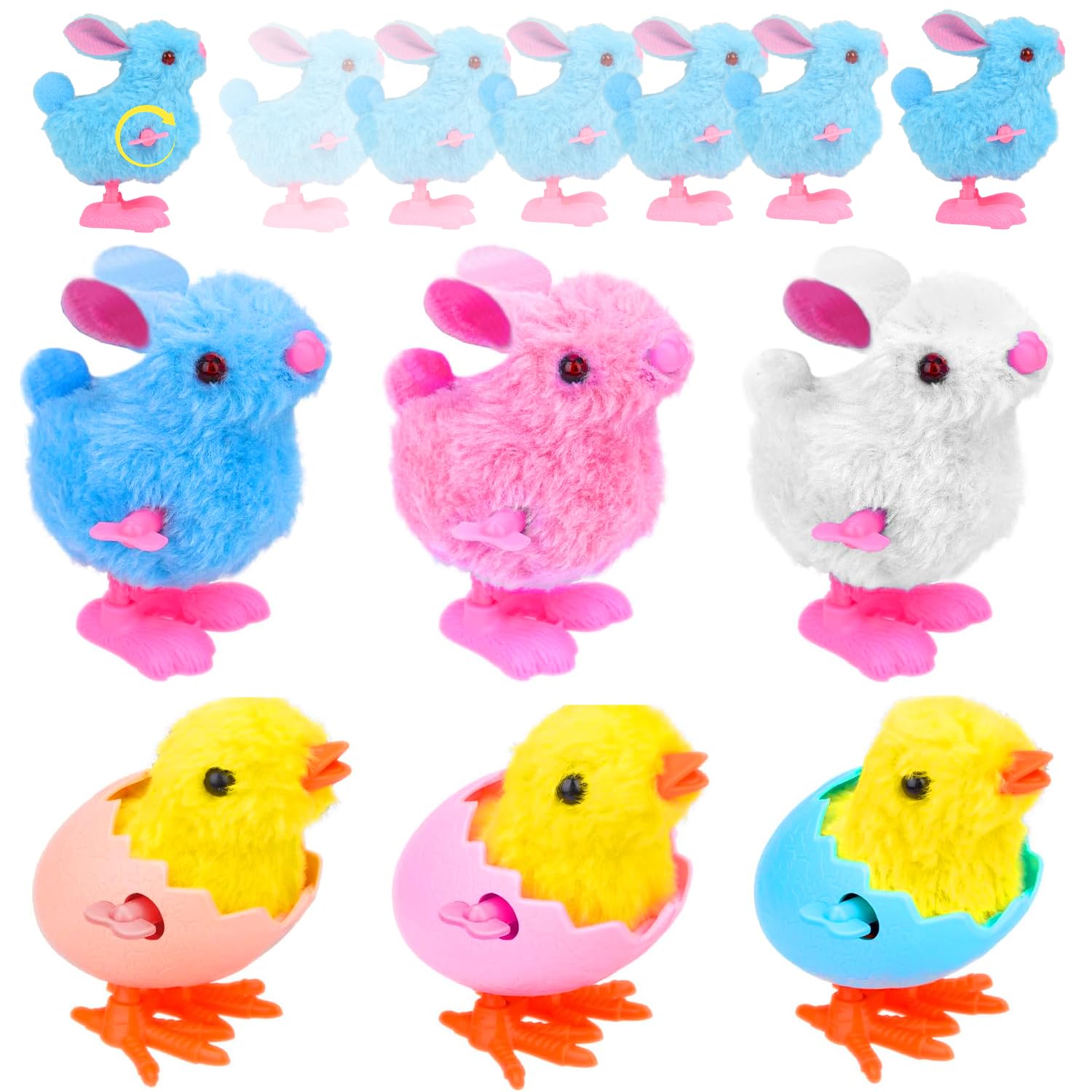 xinrongda 6PCS Easter Wind Up Toys, Easter Toys for Kids, Clockwork Jumping Chicks and Bunnies Easter Basket Fillers, Easter Egg Rabbits Plush Toys for Party Gift Favours