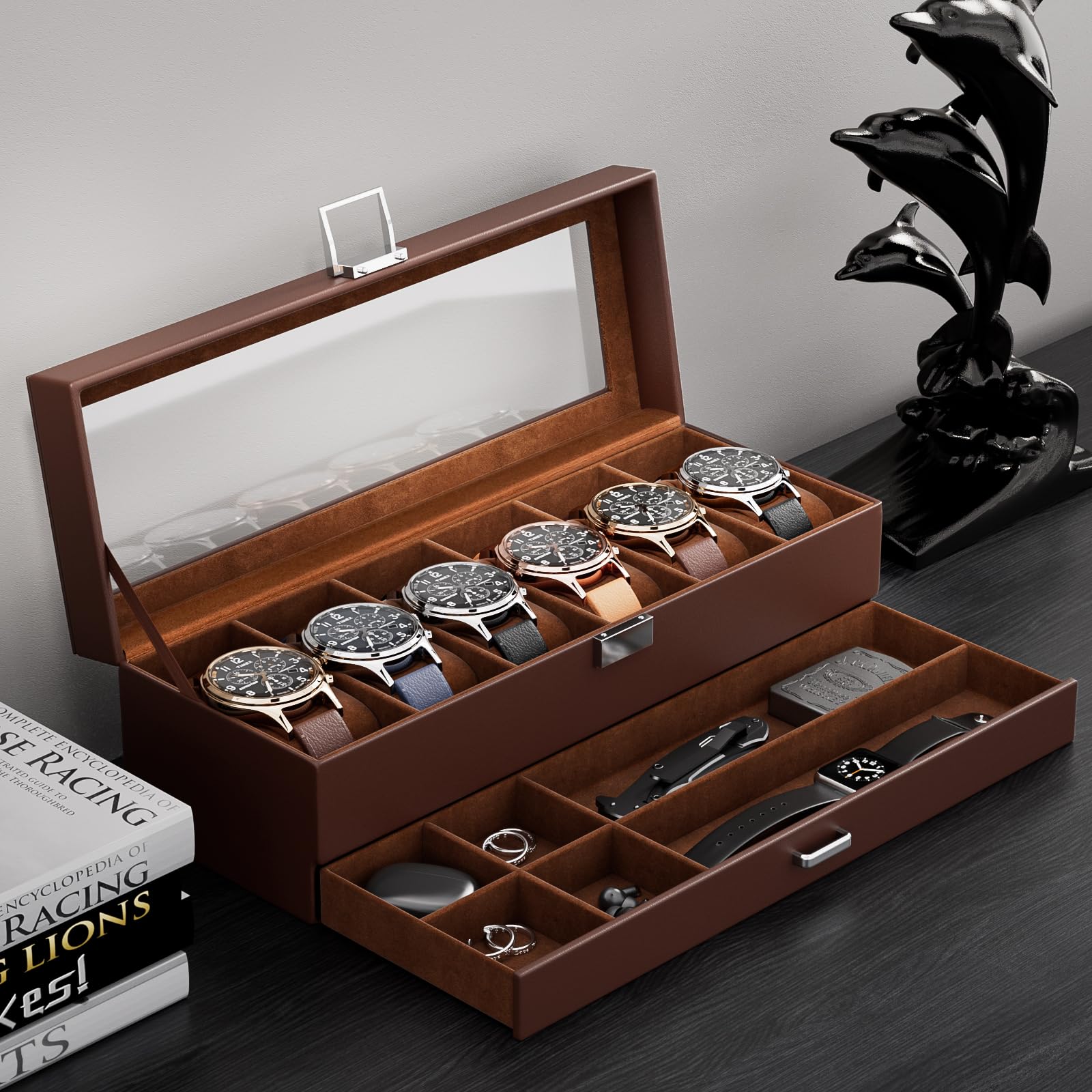 Lolalet Watch Case for Men, 6 Slot Watch Display Case with Clear Glass Lid, 2-Layer Mens Watch Box Watch Holder, 6 Watch Box Organizer, Watch Storage Case With Drawer -Espresso