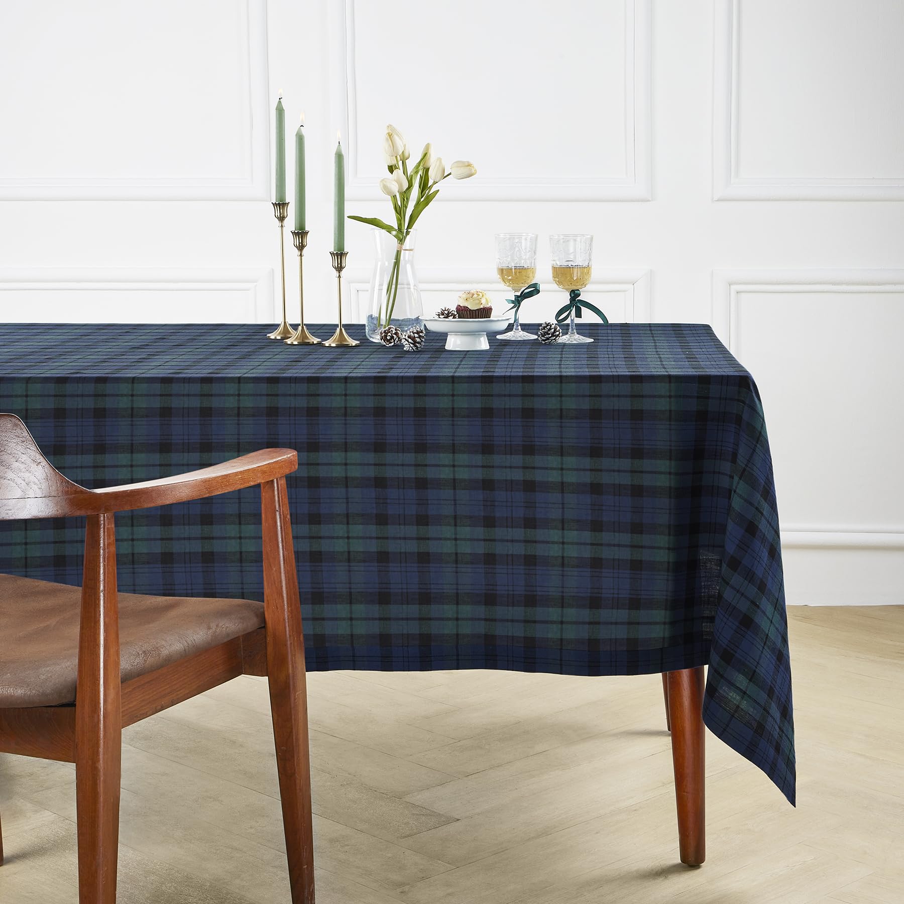 Photo 1 of Solino Home Linen Plaid Tablecloth 60 x 132 Inch - 100% Pure Linen Blackwatch Blue and Green Table Cloth for Rectangle Tables - Machine Washable Tablecloth for Easter