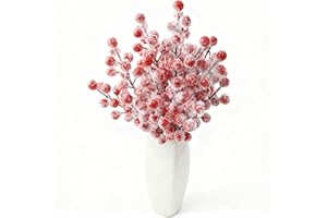 Drewev Berry Stems, Snow Frosted Artificial Red Berry Stems Snowy Christmas Red Berries 8.8 Inch Fake Berry Picks for Floral Arrangements Christmas Tree Holiday Home DIY Crafts Decor (30 Pack)