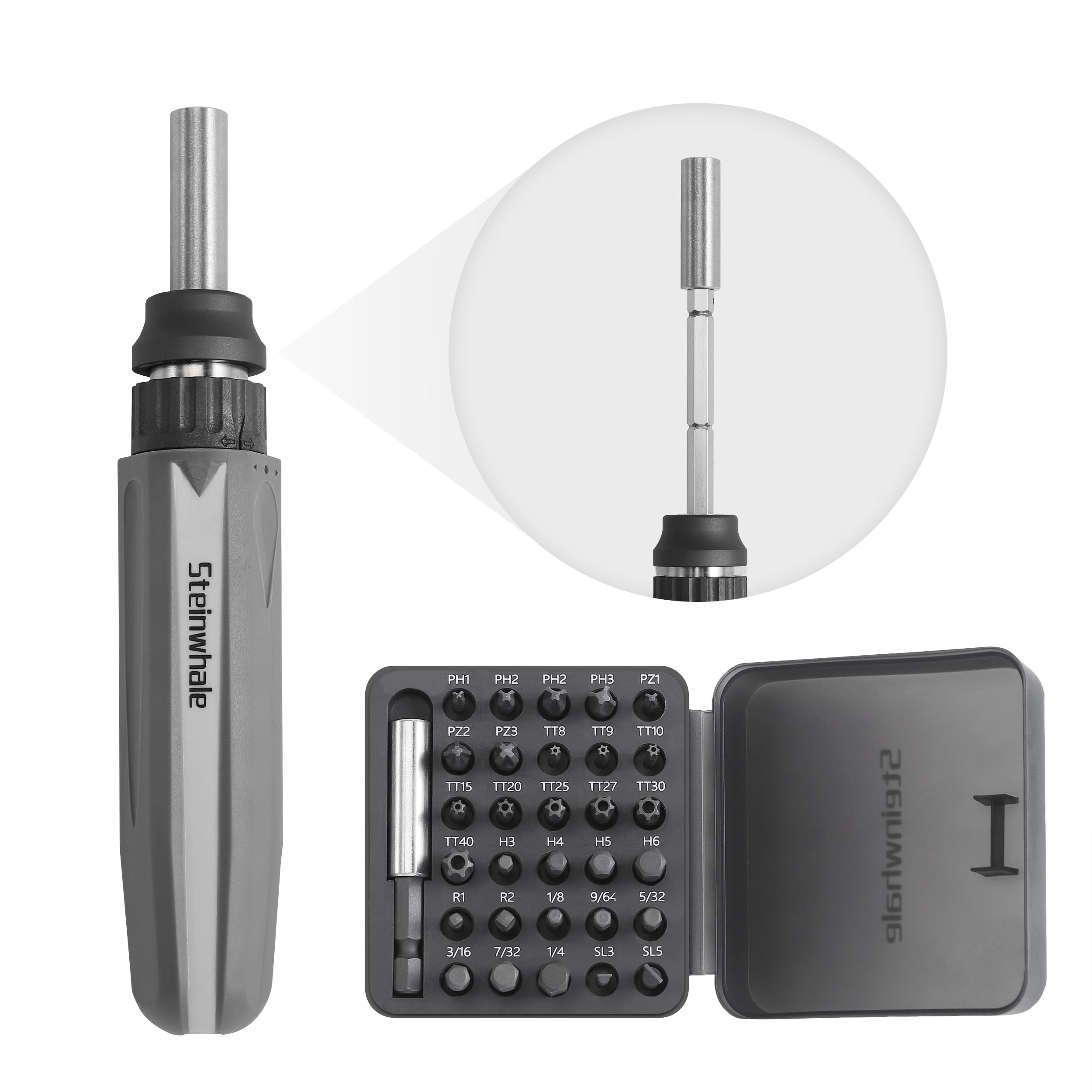 Steinwhale 32 in 1 Ratchet Screwdriver Set with Push-Eject Extension Rod, 48-Tooth Gear Ratchet, Antislip Soft Handle, Magnetic Bit Holder, 30pcs S2 Steel Bits, Excellent Handling and Versatile Use