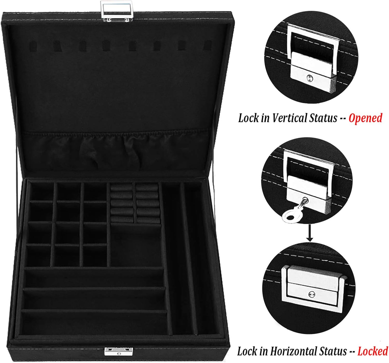 Jewelry Box for Women, QBeel 2 Layer 36 Compartments Necklace Jewelry Organizer with Lock Jewelry Holder for Earrings Bracelets Rings - Black: Home & Kitchen