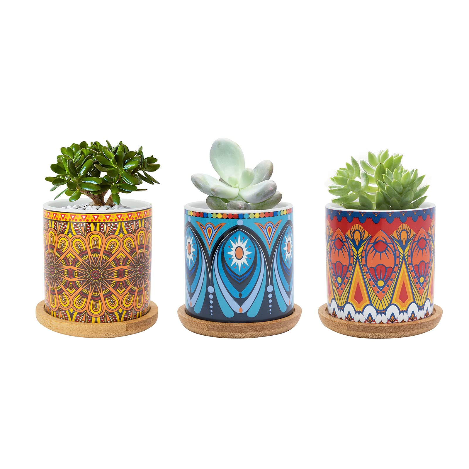 FORAGIFT 7.5CM Succulent Plant Pot, Ceramic Mandala Pattern Cactus Plants Pot, Small Plant Pots for Indoor Outdoor Plants with Bamboo Tray, and Great for Home Office Decor, Set of 3