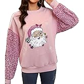RUINIXCW Christmas Sequins Sweatshirt for Women Glitter Long Sleeve Crew Neck Santa Print Holiday Casual Loose Pullover Tops