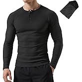 TrailTech Men's Thermal Henley Long Sleeve Ribbed Knit Base Layer, Warm Fleece Lined Slim Fit Undershirt with Laundry Bag