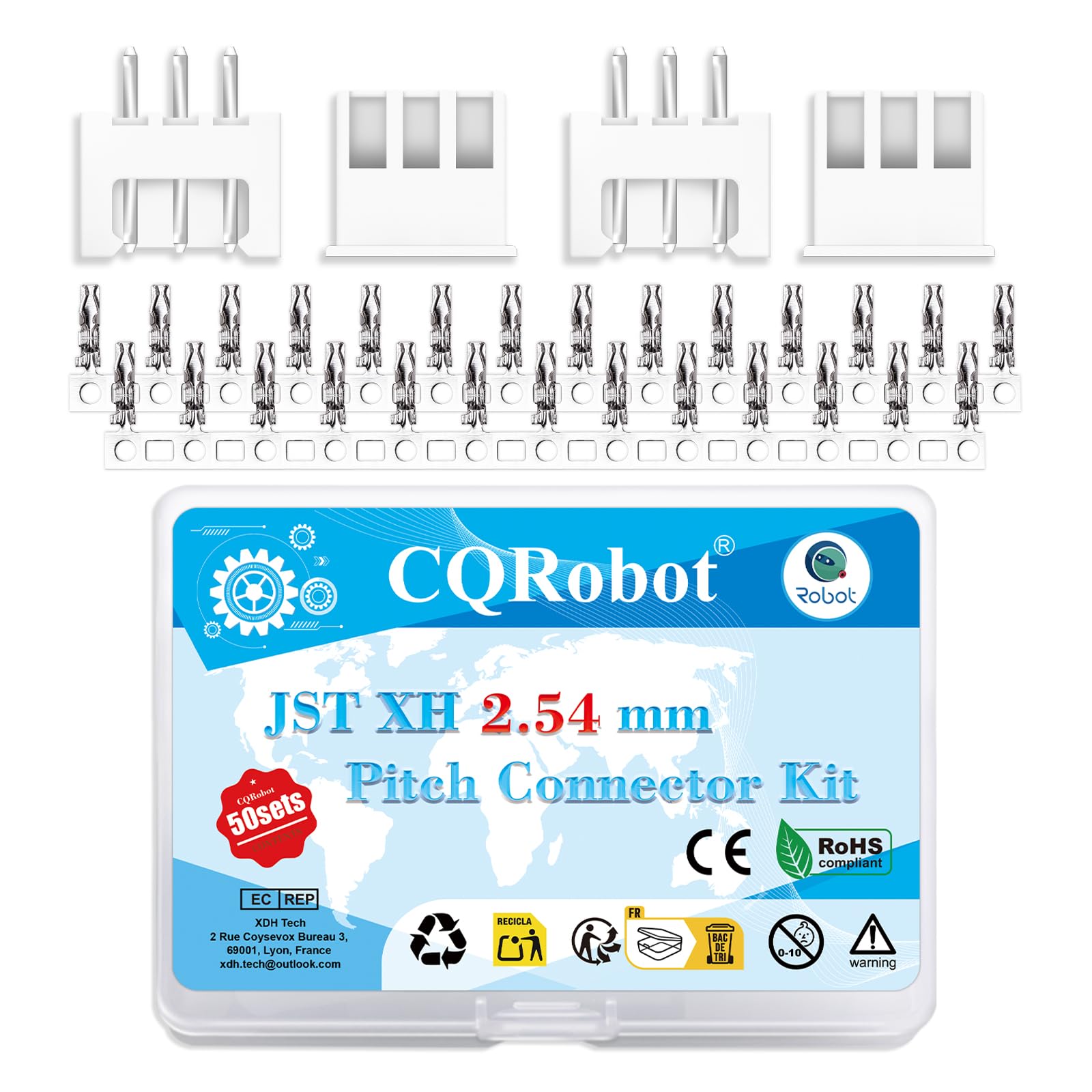 CQRobot JST XH 2.54 mm Pitch 3-Pin Electronic Computer Connector IC Male Plugs, Female Sockets Housing and T-Shaped Crimp Terminal Kit. 50 Sets/250 Pieces Wire-to-Board Adapter Cable Assembly.